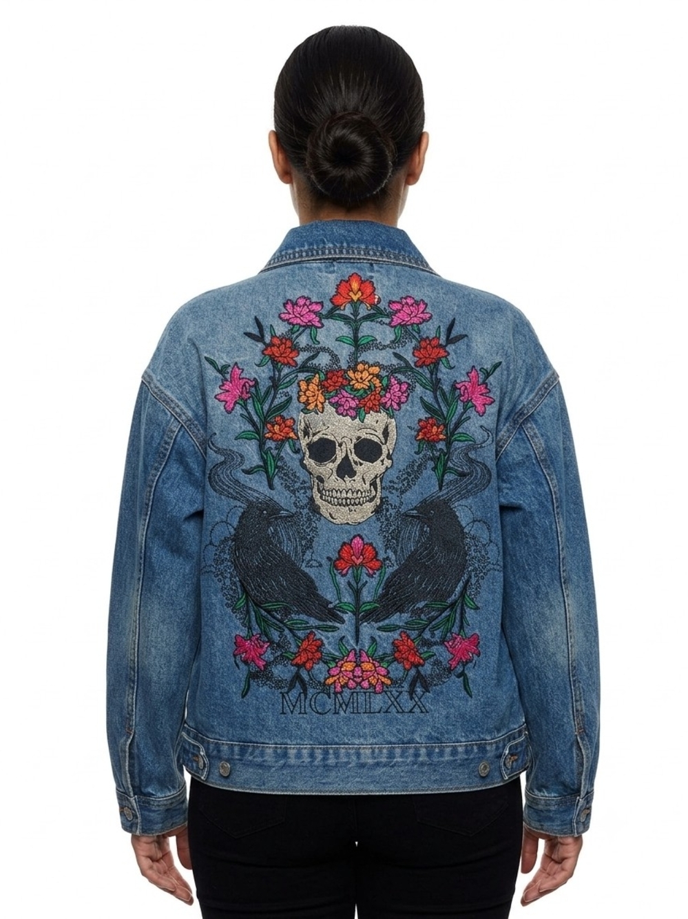BDG Urban Outfitters Embroidered Floral Skull Denim Jacket Xs Boho Grunge
